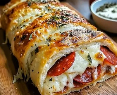 Authentic Italian Stromboli filled with savory ingredients and baked to perfection