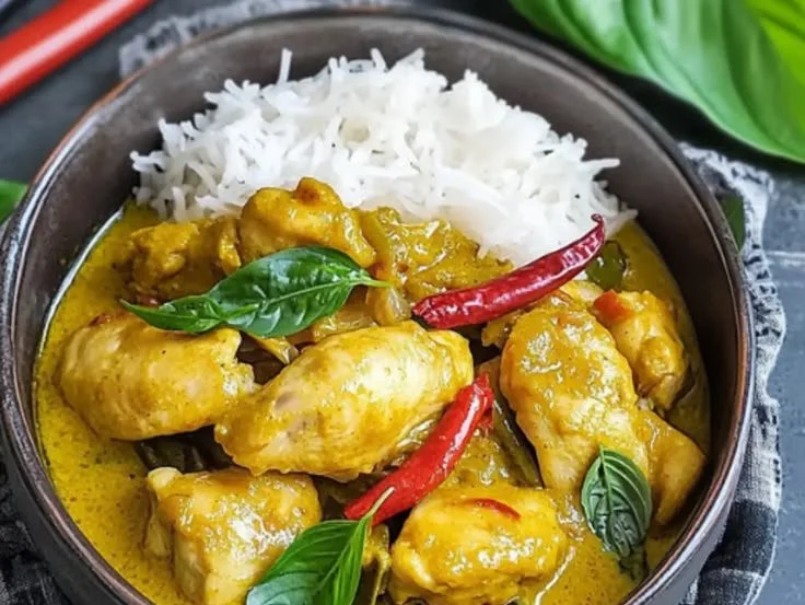 Bowl of authentic Malaysian chicken curry with bird's eye chilies