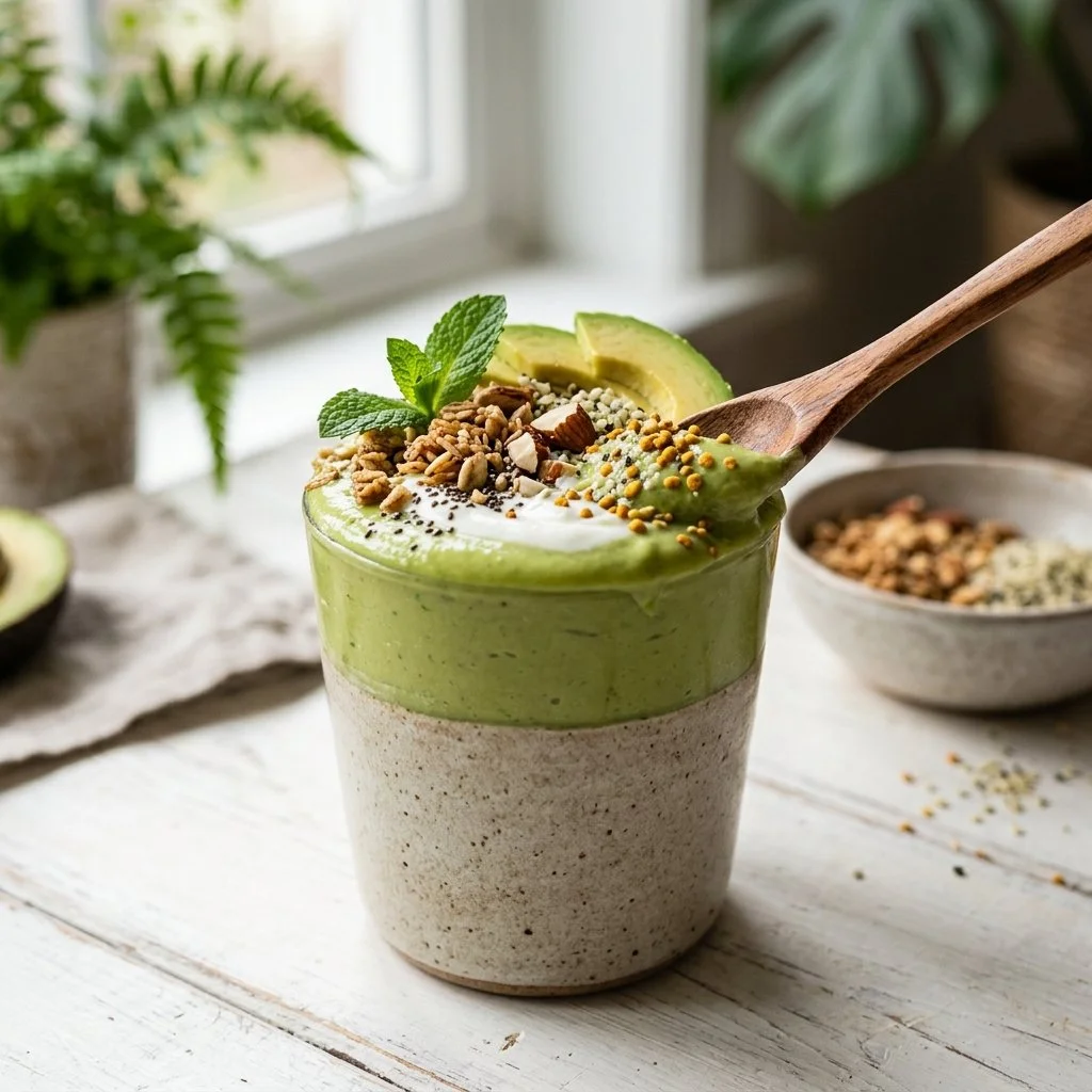 Delicious avocado smoothie served in a glass with fresh ingredients.