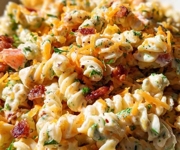 Bacon Ranch Pasta Salad with creamy dressing and crispy bacon bits