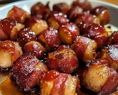 Delicious bacon-wrapped water chestnuts appetizers on a serving platter