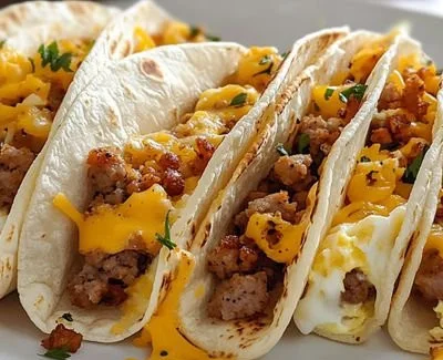 Delicious baked breakfast tacos topped with fresh ingredients and cheese