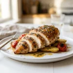 Juicy baked chicken breast served on a plate with herbs and sides.