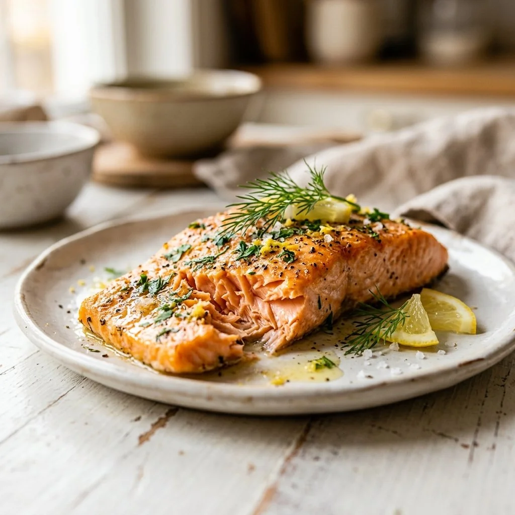 Delicious baked salmon fillet garnished with herbs and served on a plate