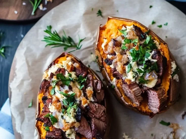Baked sweet potatoes filled with brisket, garnished for a delicious meal.