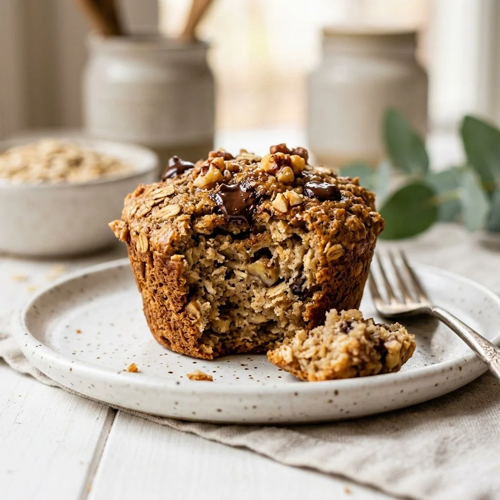 Freshly baked banana oat muffins served on a plate
