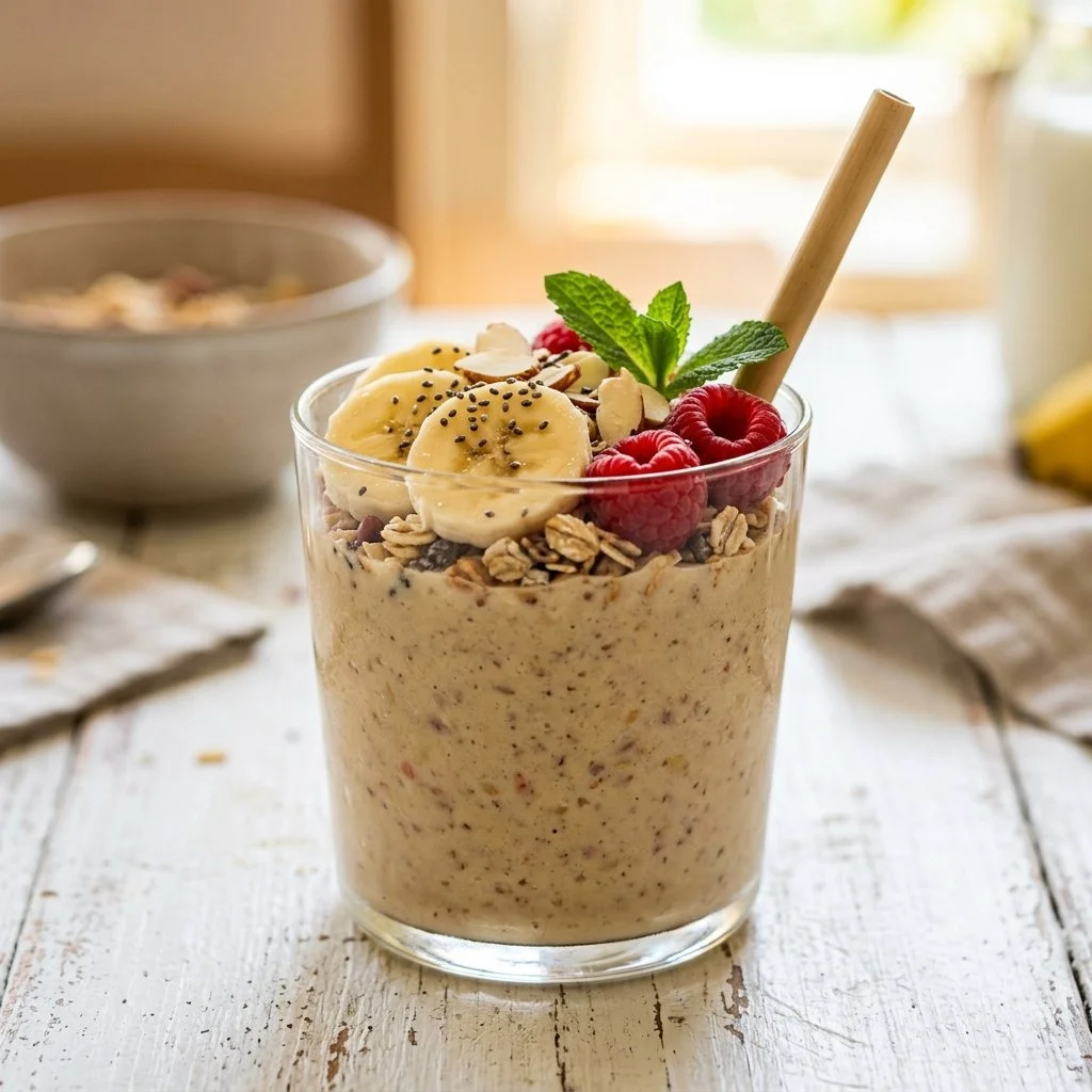 Bowl of banana smoothie topped with fresh fruits and nuts