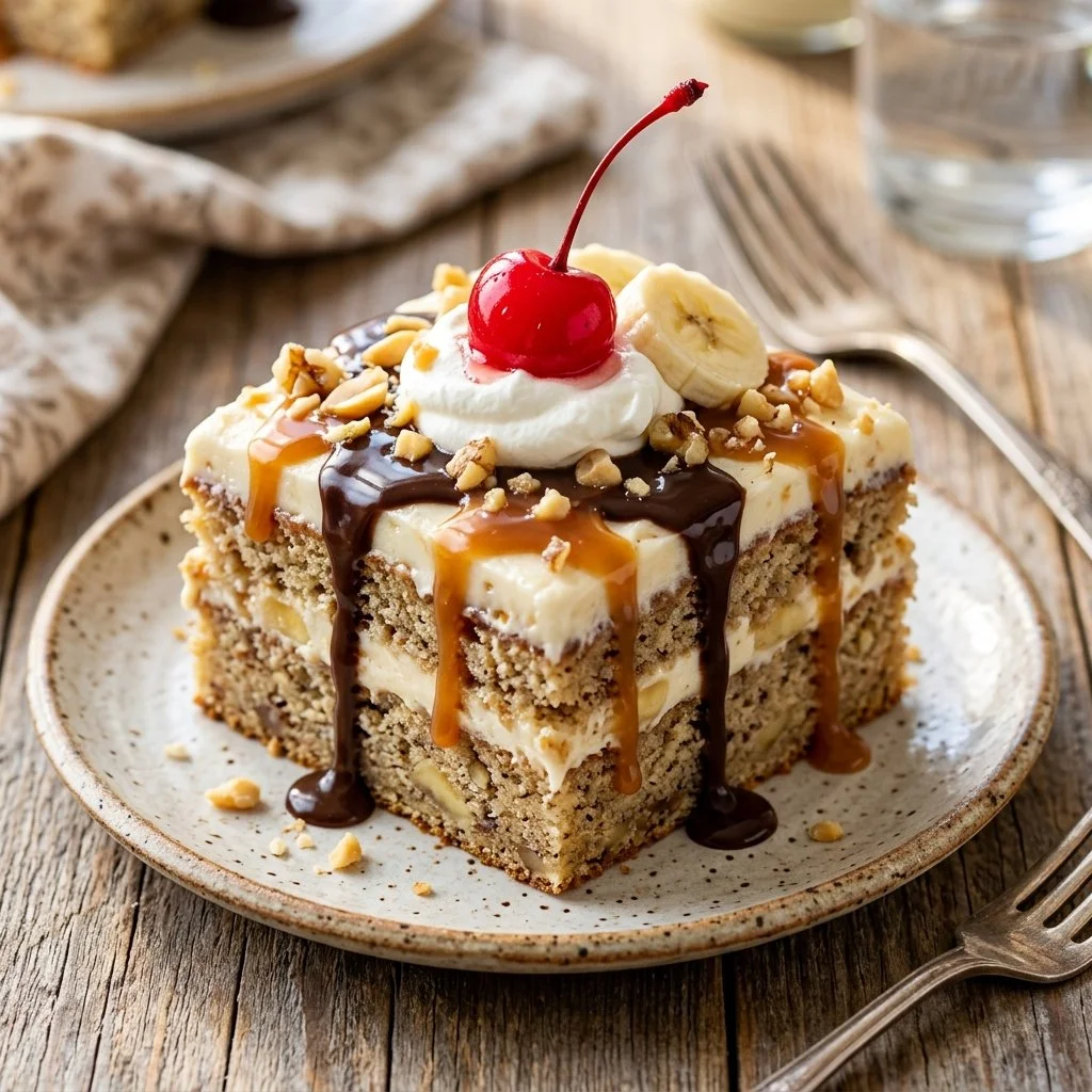 Delicious Banana Split Cake with chocolate, banana, and strawberry toppings
