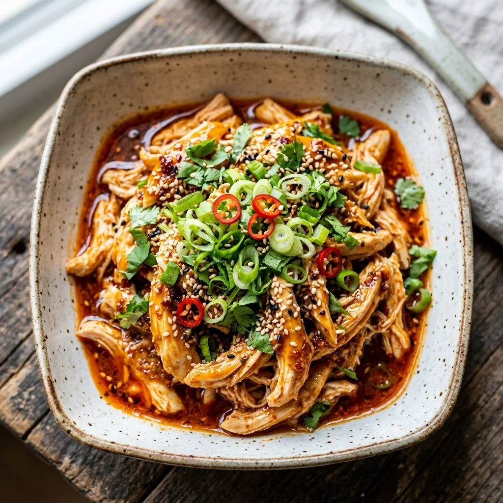 Delicious Bang Bang Chicken dish garnished with fresh herbs