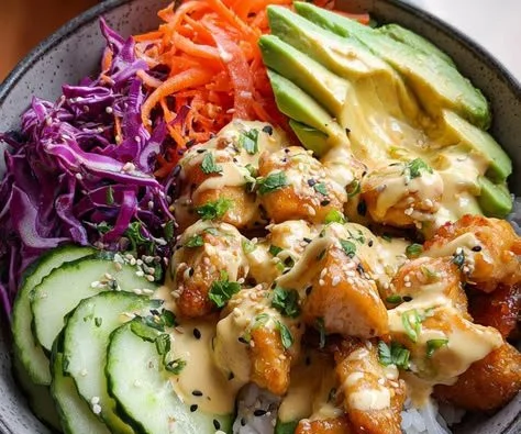 Bang Bang Chicken Bowl featuring colorful ingredients for a quick, dairy-free dinner