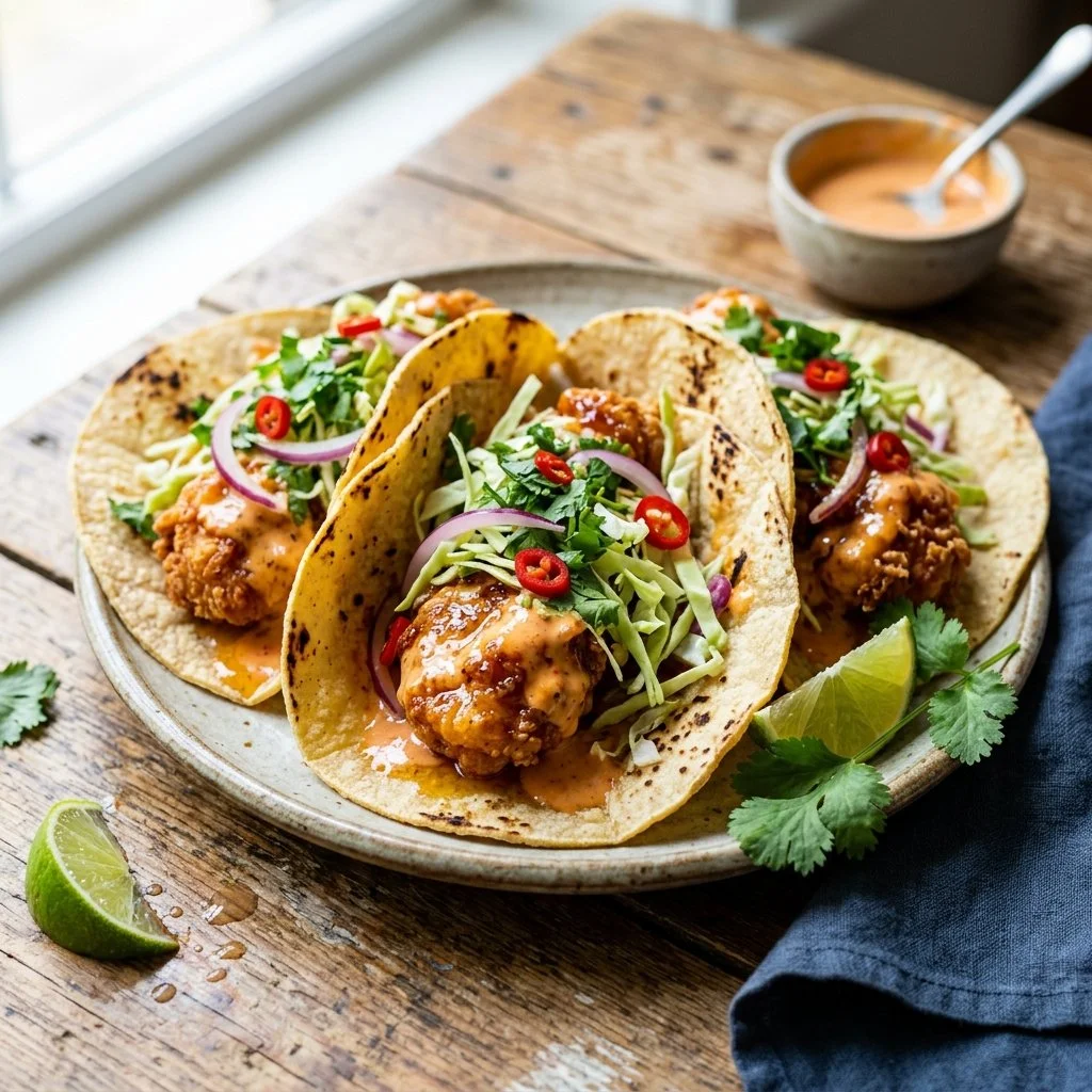 Plate of Bang Bang Chicken Tacos topped with spicy sauce and fresh vegetables