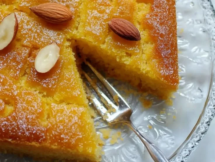 Delicious Basbousa traditional Middle Eastern semolina cake served on a plate