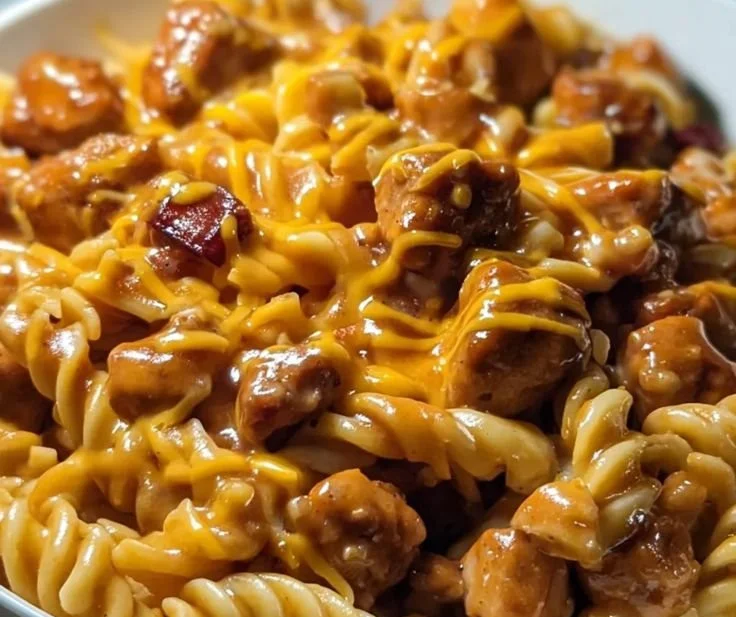BBQ Ranch Chicken and Sausage Pasta dish garnished with herbs