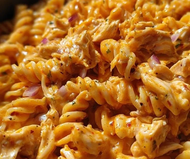 Delicious BBQ chicken pasta served with ranch dressing and fresh herbs