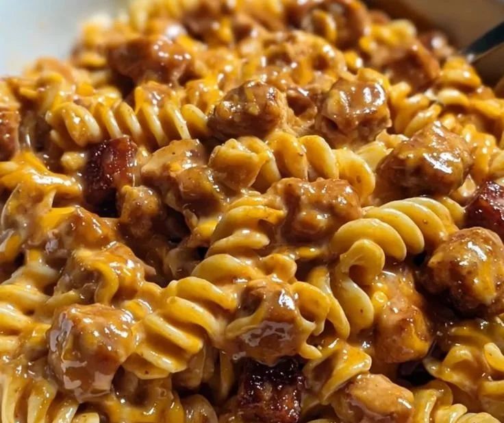 BBQ Ranch Chicken and Sausage Pasta served in a bowl with fresh herbs on top.