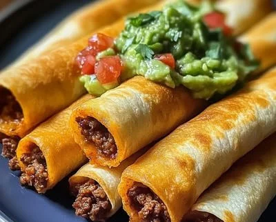 Homemade beef taquitos served with salsa and garnish on a plate.