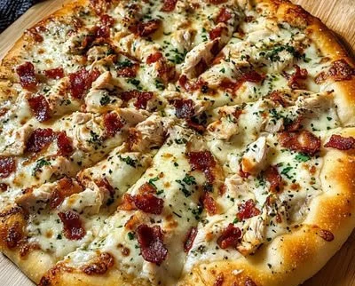 Homemade chicken bacon ranch pizza topped with cheese and fresh ingredients