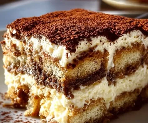 Classic Italian tiramisu dessert, creamy layers with coffee flavor and cocoa topping.