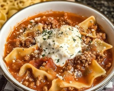 Delicious bowl of Crockpot Lasagna Soup ready for a cozy dinner