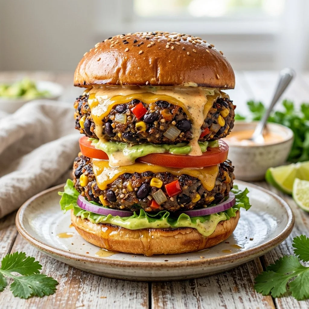 Delicious homemade black bean burgers served with fresh toppings.