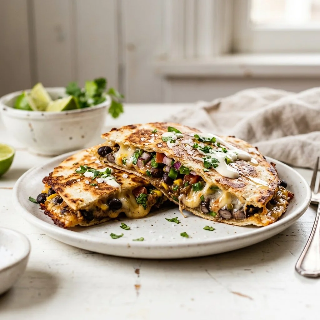 Delicious black bean quesadilla served with salsa and avocado
