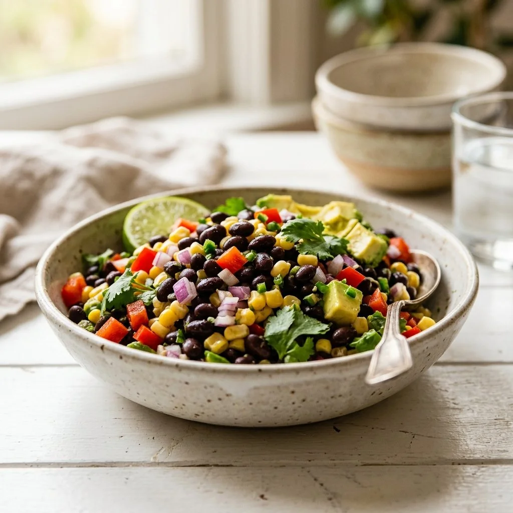 Colorful black bean salad with vegetables and dressing