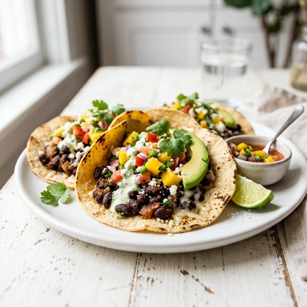 Delicious black bean tacos served with fresh toppings and colorful ingredients