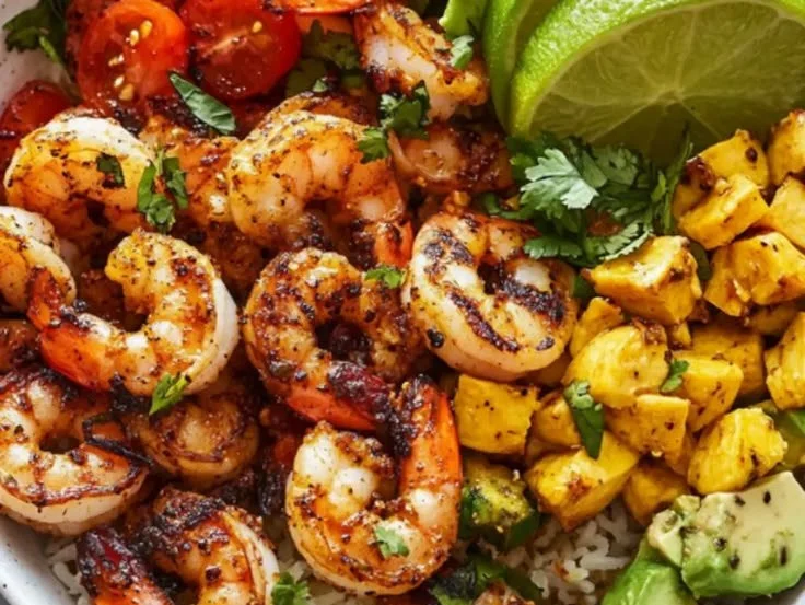 Blackened shrimp bowl with brown rice and avocado served on a plate