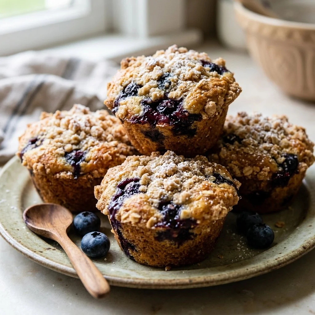 Freshly baked blueberry streusel muffins on a wooden table.