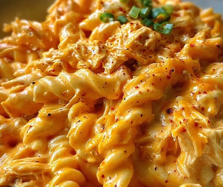 Plate of Buffalo Ranch Pasta in creamy spicy sauce garnished with herbs