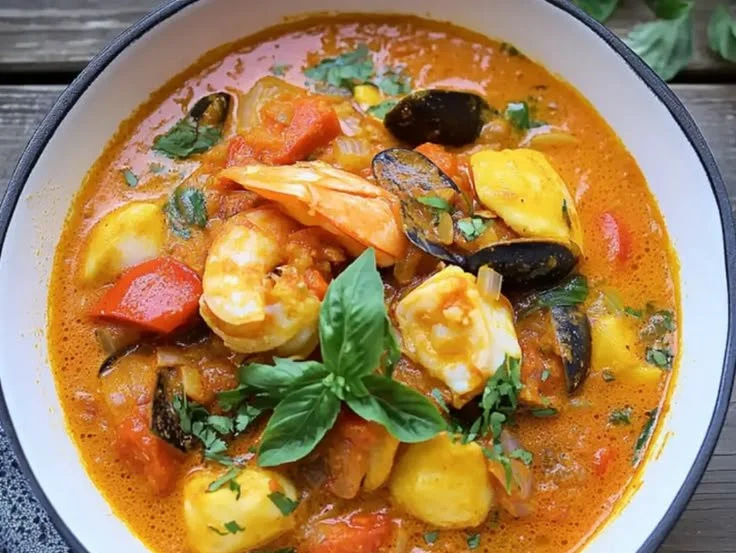 Burmese Seafood Curry garnished with fresh herbs in a bowl