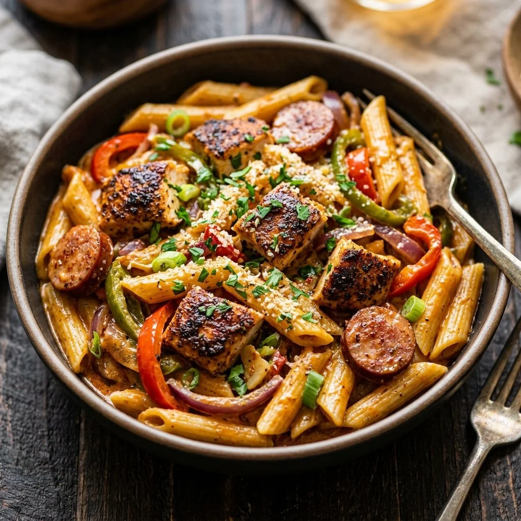 Plate of spicy Cajun Chicken Pasta garnished with herbs and vegetables.