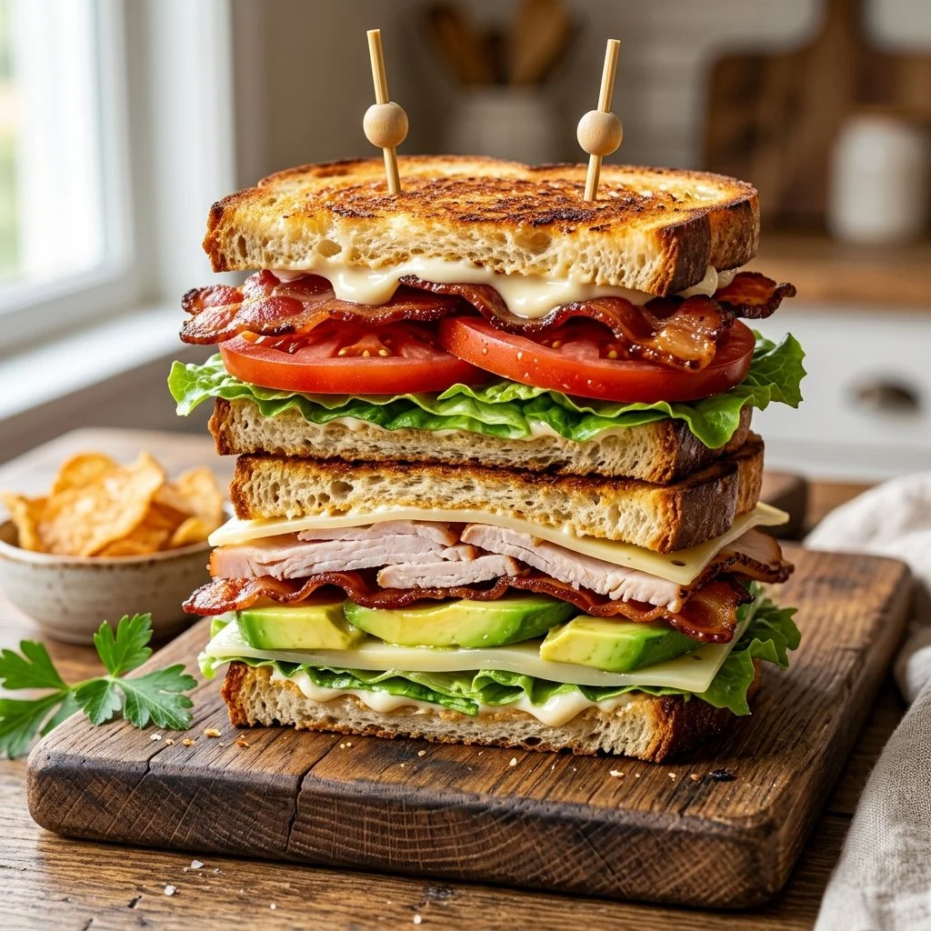 Delicious California Club Sandwich stacked with turkey, bacon, and fresh vegetables.
