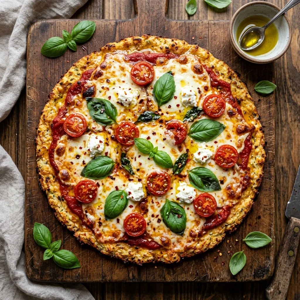 Delicious Cauliflower Crust Pizza topped with fresh ingredients