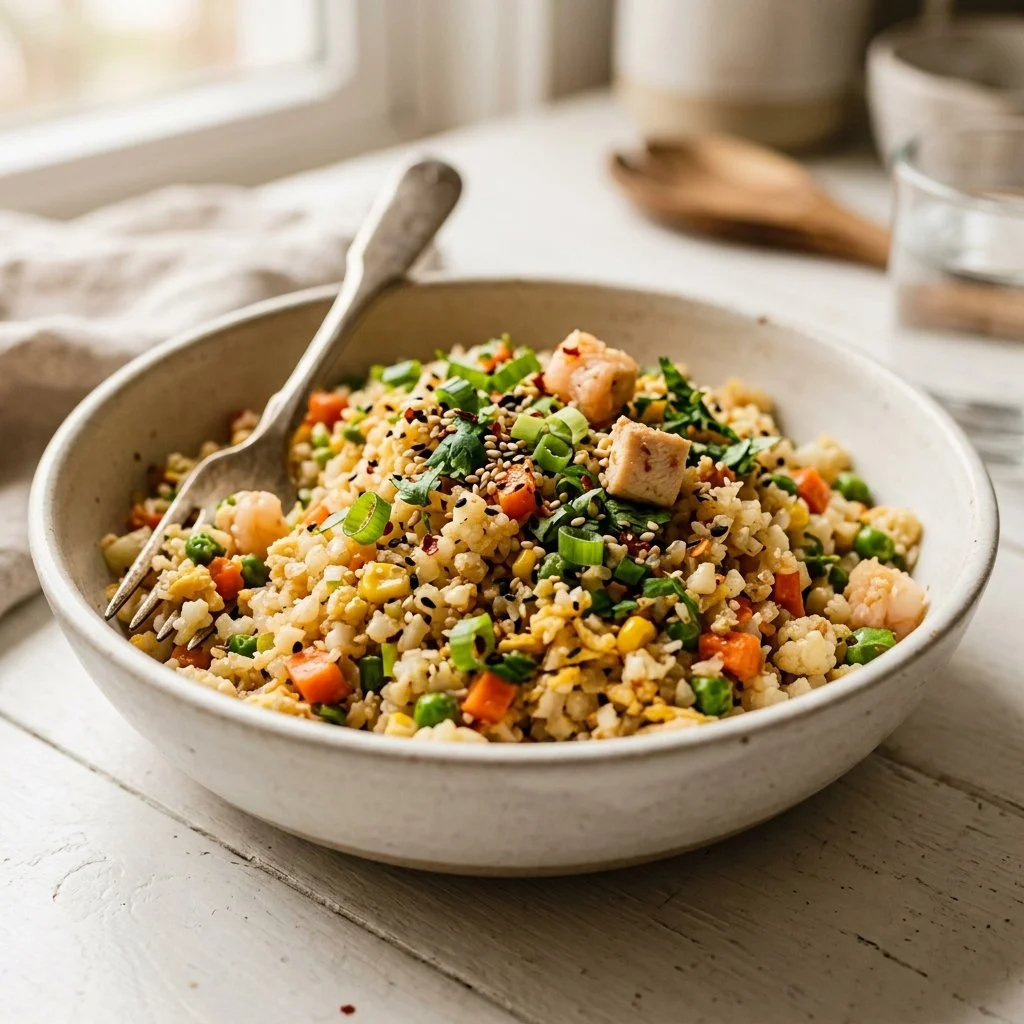 Delicious cauliflower fried rice recipe with vibrant vegetables and seasonings