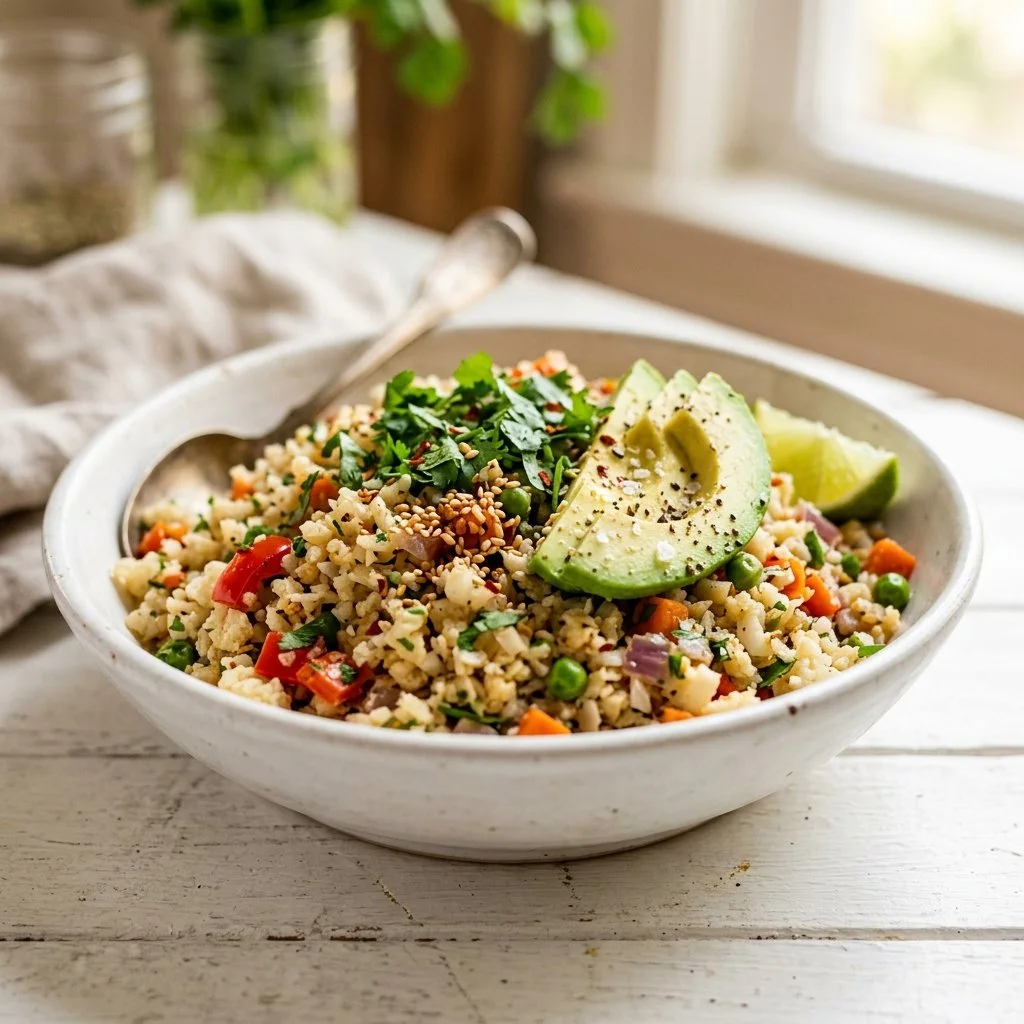 Bowl of cauliflower rice prepared with fresh vegetables and herbs