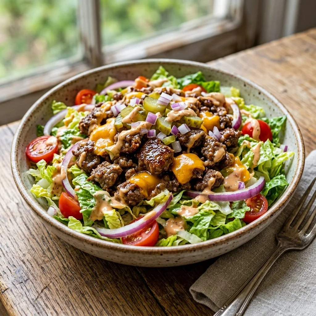Delicious cheeseburger salad topped with fresh ingredients and dressing.
