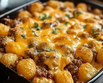 Delicious Cheeseburger Tater Tot Casserole topped with cheese and crispy tots