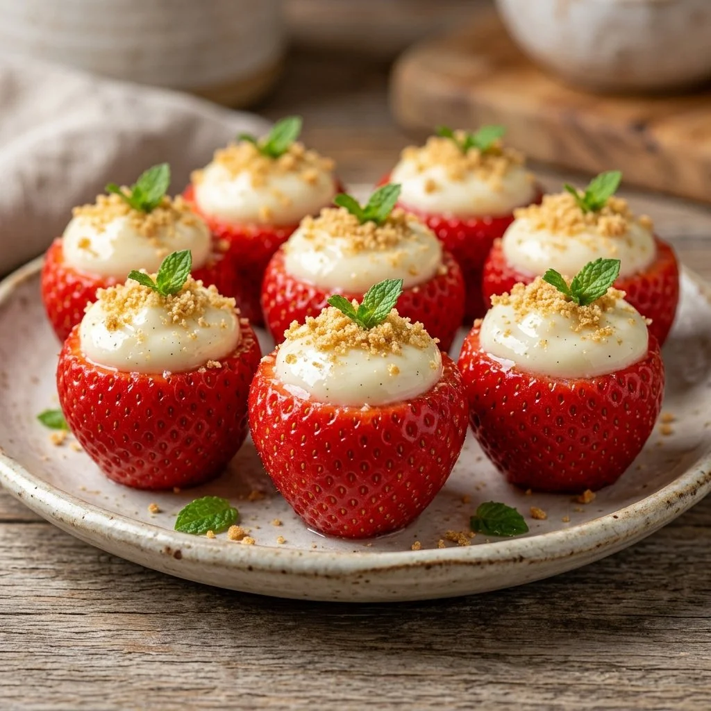 Plate of cheesecake stuffed strawberries with creamy filling and fresh fruit.