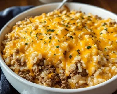 Cheesy ground beef and rice casserole baked in a dish