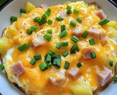 Delicious Cheesy Potato Egg Scramble served in a bowl for breakfast