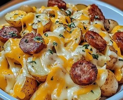Cheesy ranch potatoes with smoked sausage on a plate, delicious hearty meal