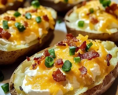 Delicious cheesy twice-baked potatoes topped with melted cheese and herbs