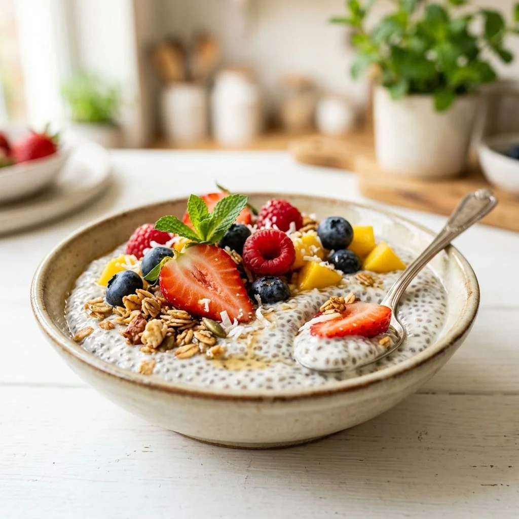 Delicious chia pudding topped with fresh fruits and nuts