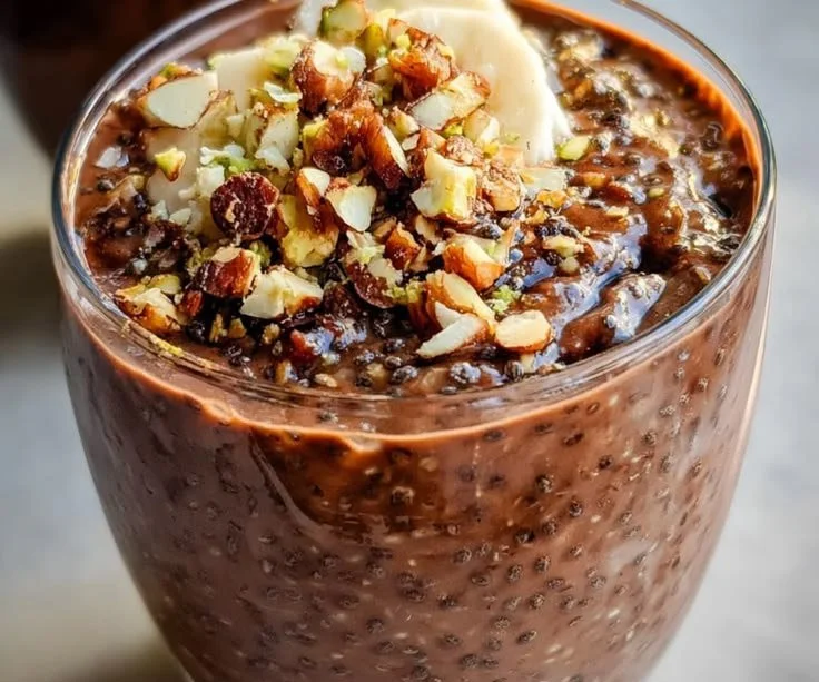 Healthy chocolate chia pudding topped with fruits and nuts.