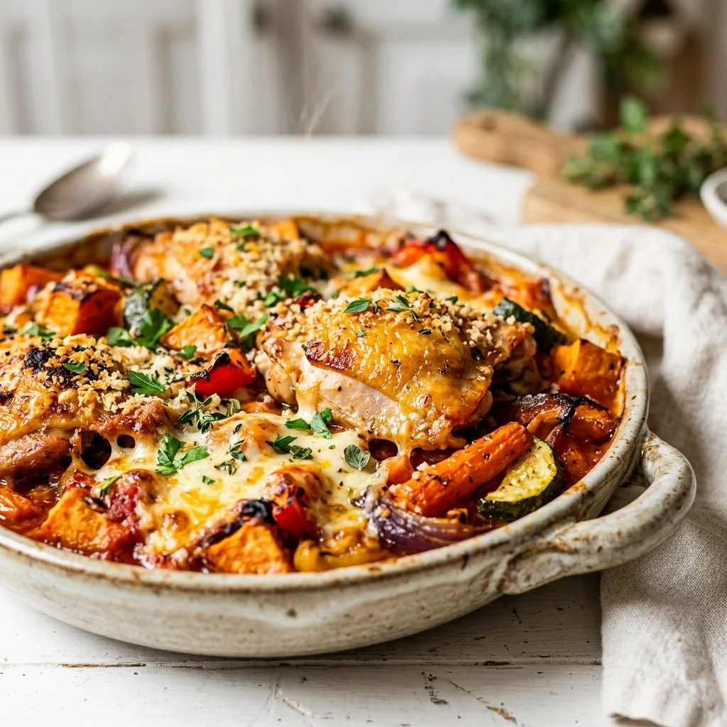 Delicious chicken and vegetable bake dish ready to serve.