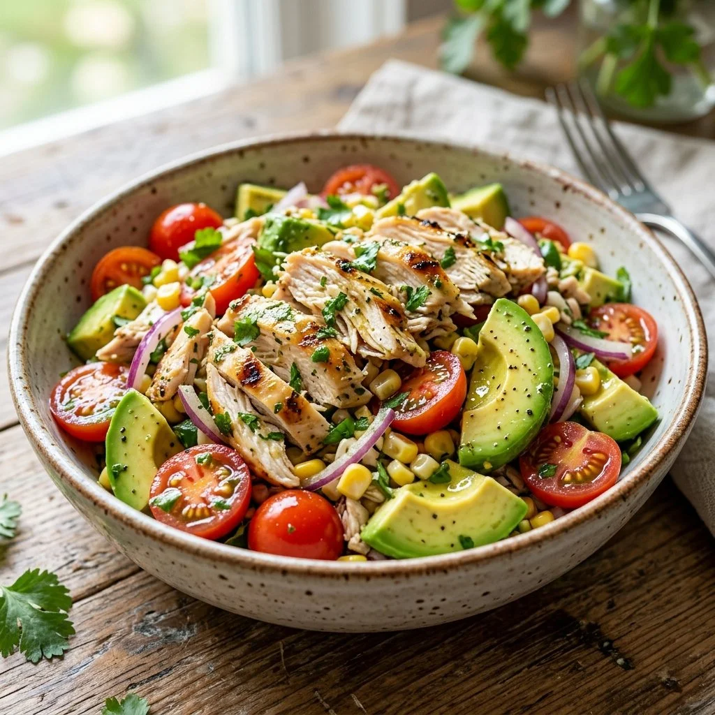 Fresh Chicken Avocado Salad with greens, tomatoes, and dressing