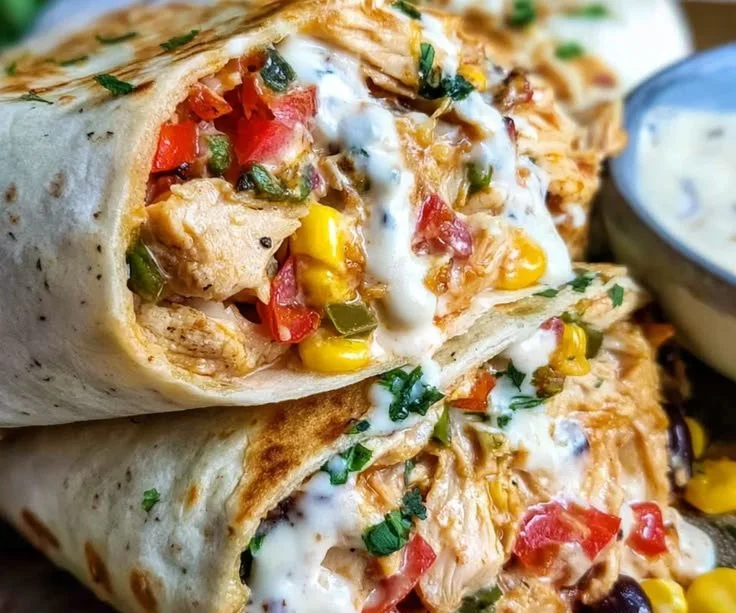 Delicious southwest chicken wrap filled with chicken, veggies, and spices.