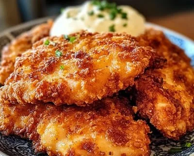 Delicious chicken fried chicken served with creamy gravy on a plate