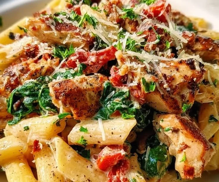 Creamy Chicken Penne Pasta with Bacon served in a bowl